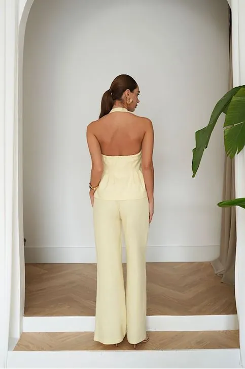 Premium Keten Halter Yaka Yelek Pantolon Takımı - Yüksek Bel Bol Paça Şık Kadın Takımı Sarı