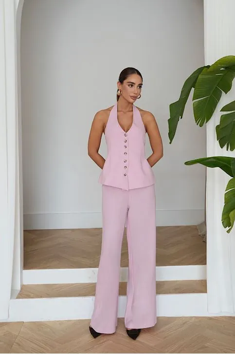 Premium Keten Halter Yaka Yelek Pantolon Takımı - Yüksek Bel Bol Paça Şık Kadın Takımı Şeker Pembe