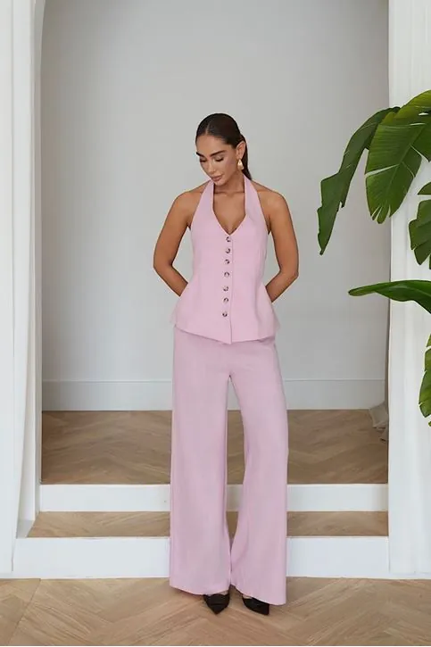Premium Keten Halter Yaka Yelek Pantolon Takımı - Yüksek Bel Bol Paça Şık Kadın Takımı Şeker Pembe