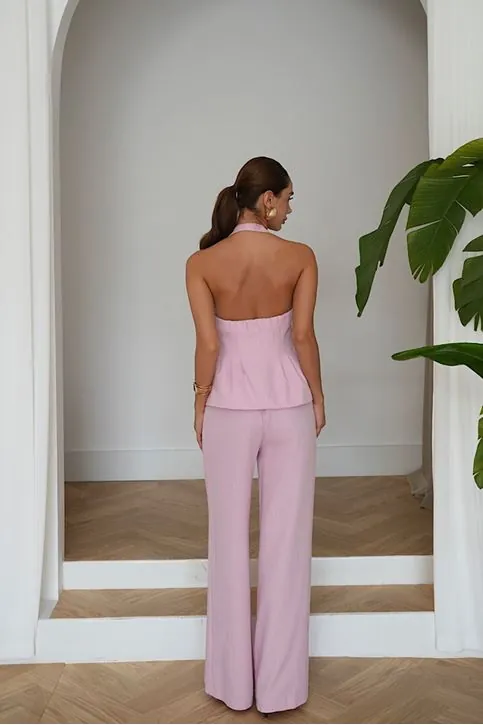 Premium Keten Halter Yaka Yelek Pantolon Takımı - Yüksek Bel Bol Paça Şık Kadın Takımı Şeker Pembe