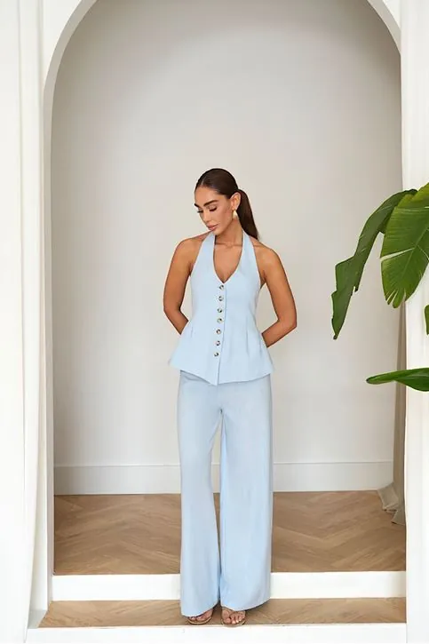 Premium Keten Halter Yaka Yelek Pantolon Takımı - Yüksek Bel Bol Paça Şık Kadın Takımı Bebe Mavi