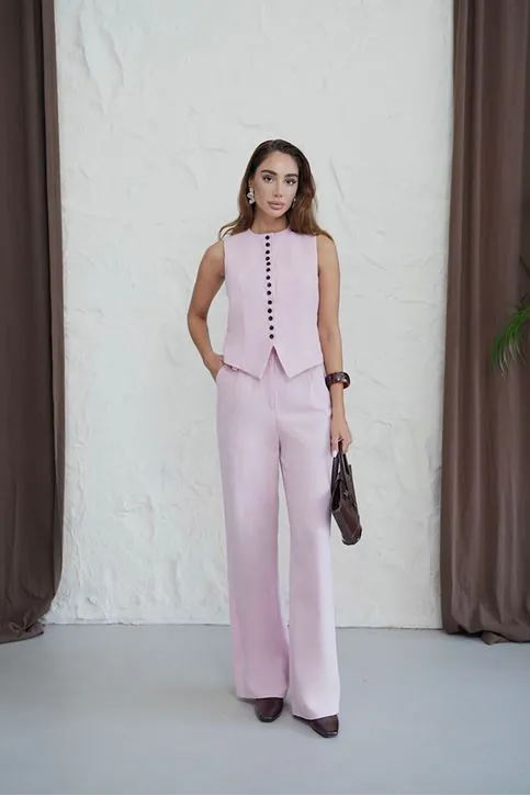 Yazlık Keten Dokulu Düğme Detaylı Yelek ve Geniş Paça Pantolon Kadın Takımı Pembe
