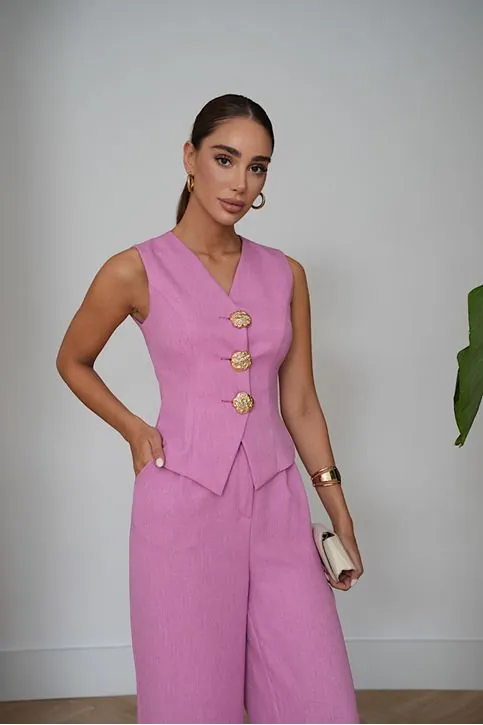 Sofya Keten Gold Düğme Detaylı Yelek Pantolon Takım -Bol Paça Şık Kadın Takımı Pembe