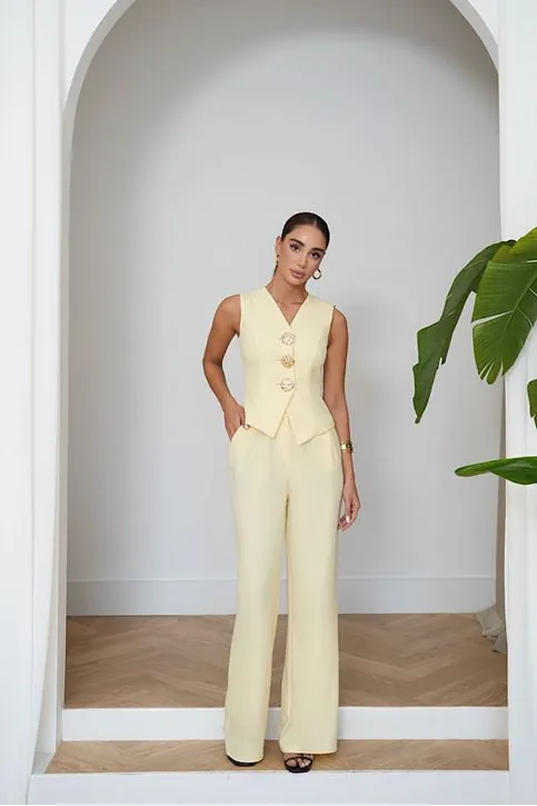 Sofya Keten Gold Düğme Detaylı Yelek Pantolon Takım -Bol Paça Şık Kadın Takımı Sarı