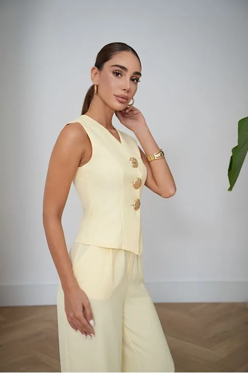 Sofya Keten Gold Düğme Detaylı Yelek Pantolon Takım -Bol Paça Şık Kadın Takımı Sarı