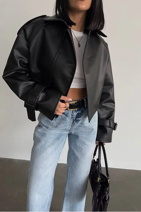 Premium Dik Yaka Kemer Tokalı Oversize Crop Suni Deri Kadın Ceket Siyah