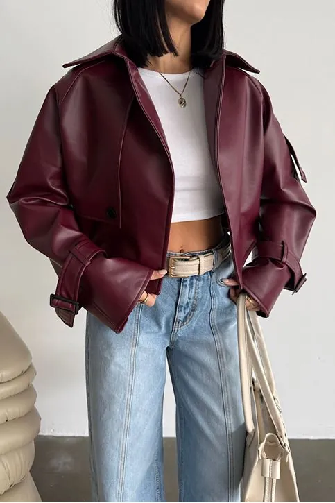 Premium Dik Yaka Kemer Tokalı Oversize Crop Suni Deri Kadın Ceket Bordo