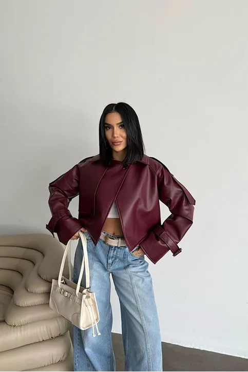 Premium Dik Yaka Kemer Tokalı Oversize Crop Suni Deri Kadın Ceket Bordo