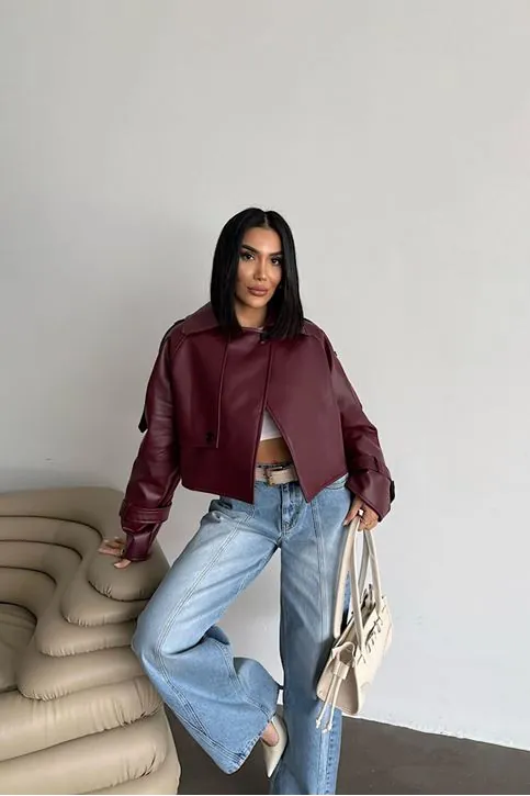 Premium Dik Yaka Kemer Tokalı Oversize Crop Suni Deri Kadın Ceket Bordo
