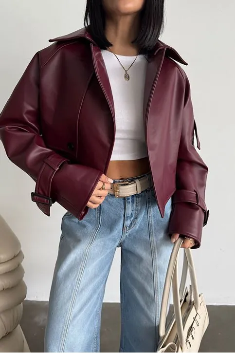 Premium Dik Yaka Kemer Tokalı Oversize Crop Suni Deri Kadın Ceket Bordo