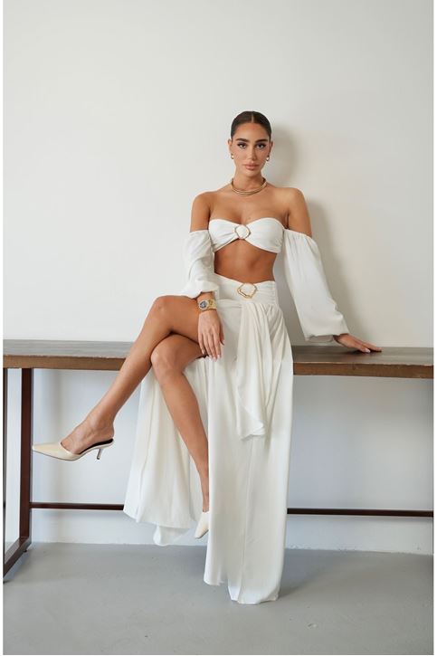 Ekru Tokalı Uzun Kollu Crop Bluz ve Maxi Etek Takım