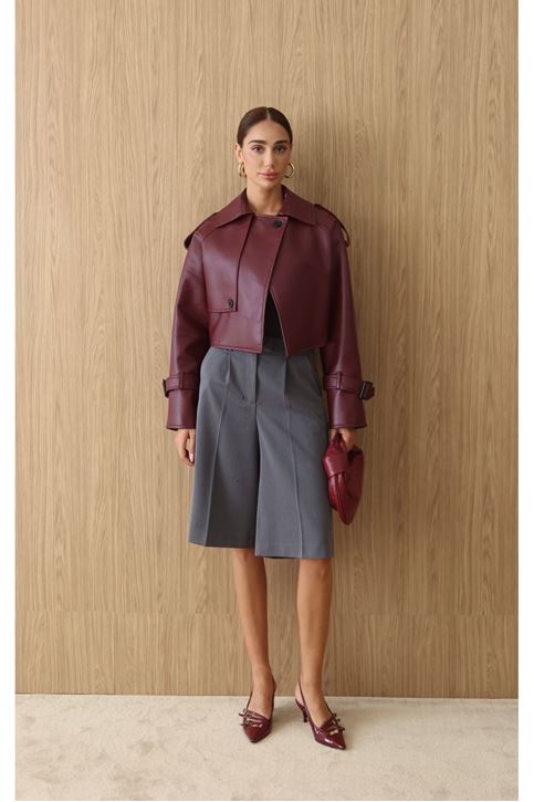Premium Dik Yaka Kemer Tokalı Oversize Crop Suni Deri Kadın Ceket Bordo