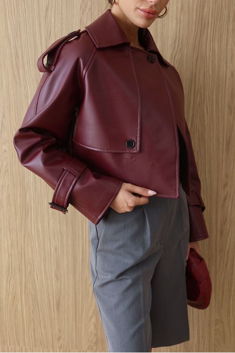 Premium Dik Yaka Kemer Tokalı Oversize Crop Suni Deri Kadın Ceket Bordo