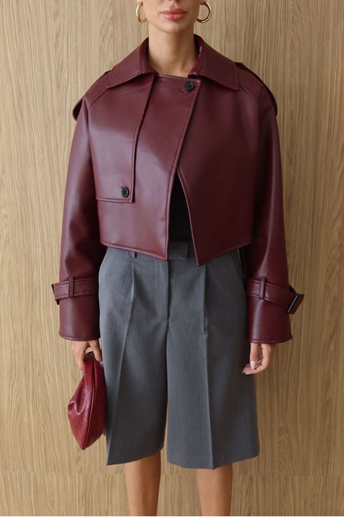 Premium Dik Yaka Kemer Tokalı Oversize Crop Suni Deri Kadın Ceket Bordo