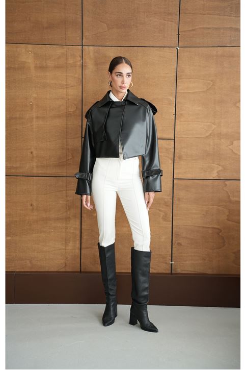 Premium Dik Yaka Kemer Tokalı Oversize Crop Suni Deri Kadın Ceket Siyah
