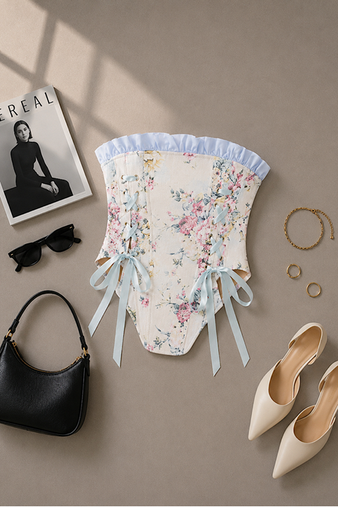 Bağlama Detaylı Straplez Crop Top - Korsaj Görünümlü Fiyonk Detaylı Şık Kadın Bluzu Pembe