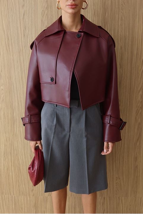 Premium Dik Yaka Kemer Tokalı Oversize Crop Suni Deri Kadın Ceket Bordo