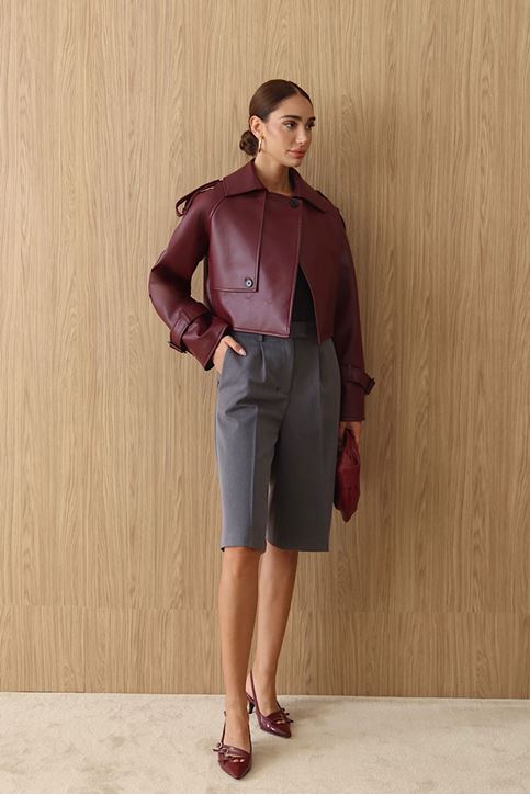 Premium Dik Yaka Kemer Tokalı Oversize Crop Suni Deri Kadın Ceket Bordo