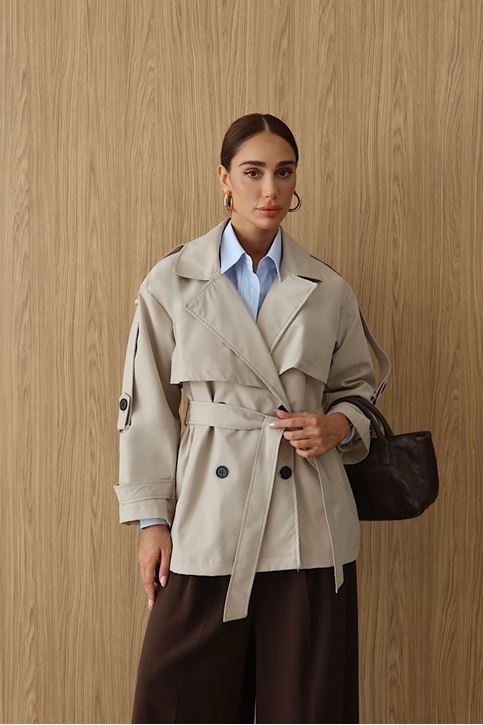 Kemerli Oversize Kısa Trençkot Bej