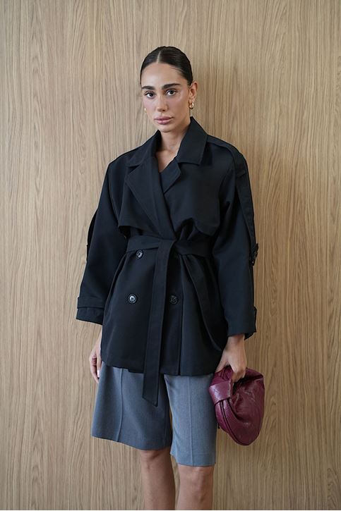Kemerli Oversize Kısa Trençkot Siyah