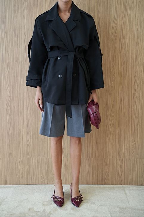 Kemerli Oversize Kısa Trençkot Siyah