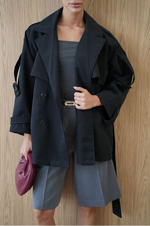 Kemerli Oversize Kısa Trençkot Siyah