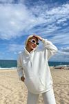 Kapüşonlu Kanguru Cepli Sweatshirt-Ekru
