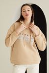 Baskılı Üç İplik Sweatshirt-Bej