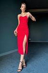 Ön Detay Yırtmaçlı Elbise-Kırmızı