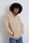 Ön Fermuarlı Kapşonlu Sweatshirt Hırka-Bej