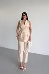 Şal Yaka Yelekli Takım Bej