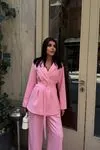 Dokuma Kumaş İnce Kemerli Ceket Pantolon Takımı - Kruvaze Ceketli Şık Kadın Takımı Pembe